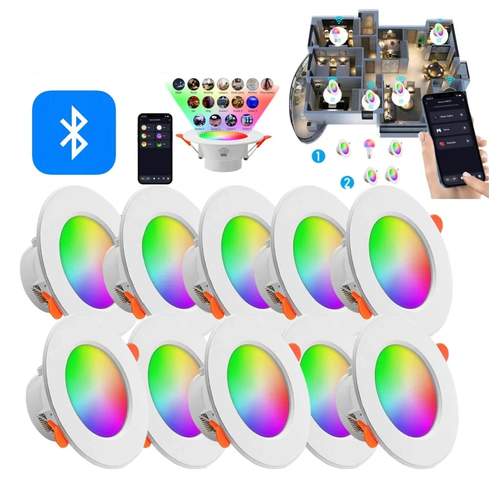 1-10 Pack Smart RGB LED Recessed Downlight (10W Dimmable, Warm to Cool White) - Round Color-Changing Ceiling Spot Light Panel Lamp for Bedroom & Living Room Decor