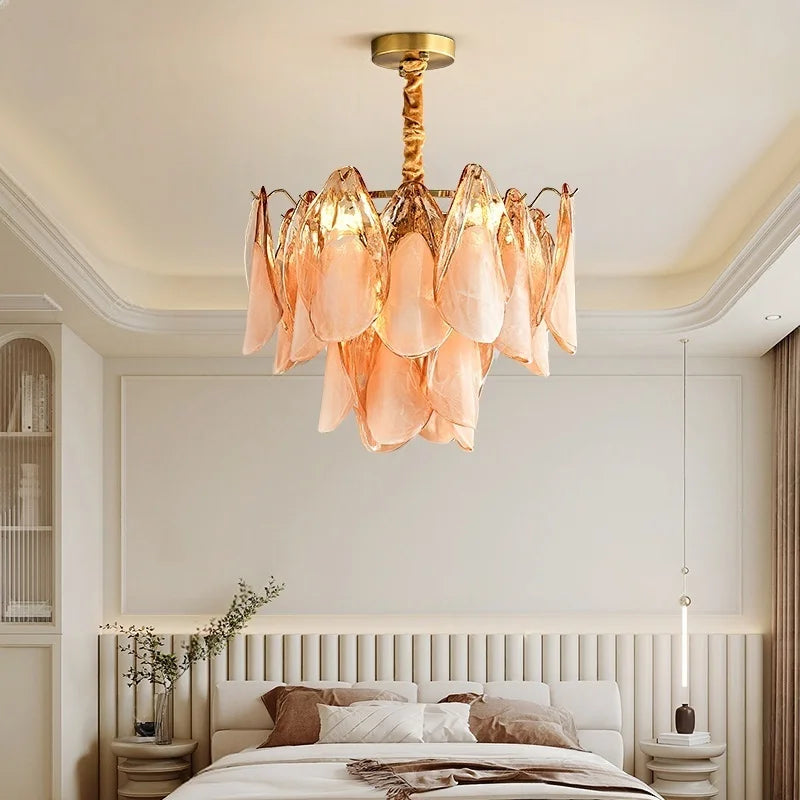 2025 New Designer Petal Shape Glass Chandelier Dimmable Stainless Steel Pendant Lamp Adjustable Ceiling Luster for Living Room