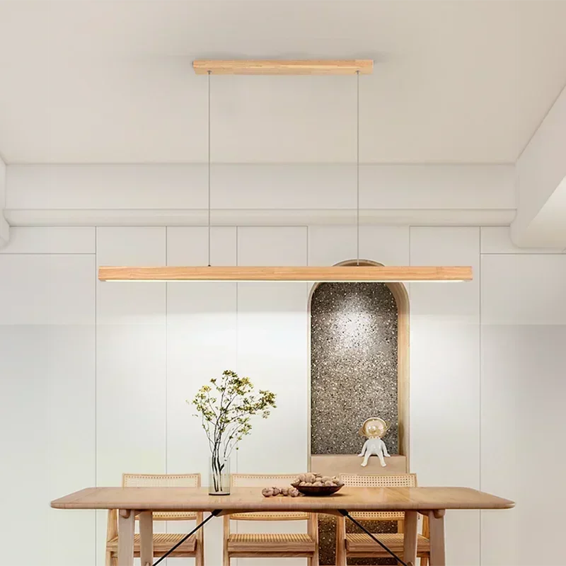 LED Pendant Light Dining Table Lamp Wood Long Strip Suspension Chandelier for Living Dining Room Lighting Fixture