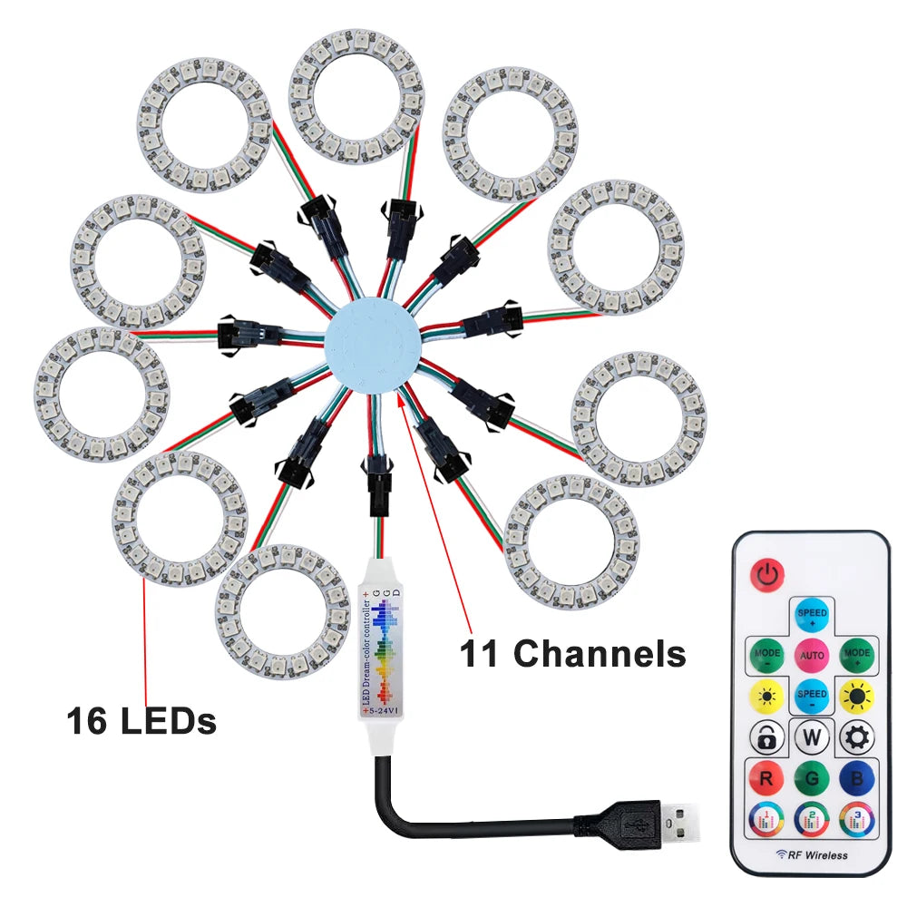 LED Sparkle Ring Light Circle Module WS2812B Individually Addressable RGB Atmosphere Lamp 17 Key Music Remote Control for Party