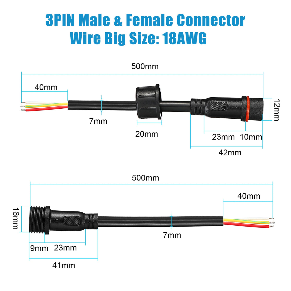 3Core Waterproof IP65 Male Female Plug LED Connector 18AWG 10 Pairs 3Pin Electrical Pigtail 50CM Extension Cable for Strip Light
