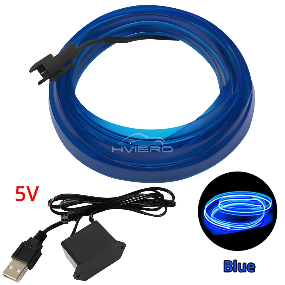 1M/2M/3M/5M Colour Car Interior Lighting LED Strip Auto Decoration Wire Rope Tube Line Flexible Neon Lights USB Drive Atmosphere