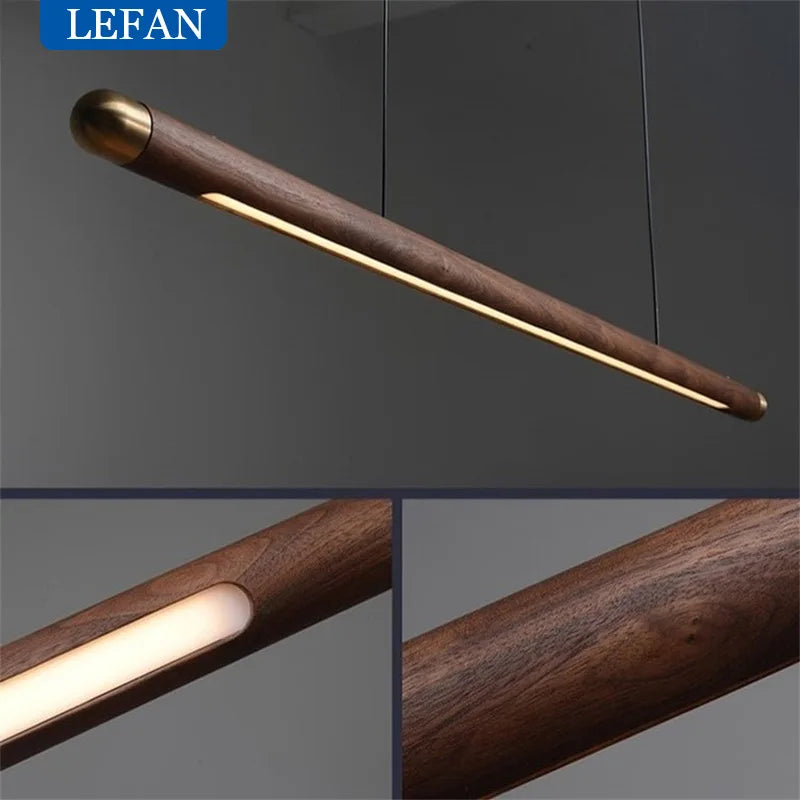 Walnut Wood Dining Chandelier - Simple Strip Hanging Lamp for Kitchen, Home Decor & Indoor Lighting