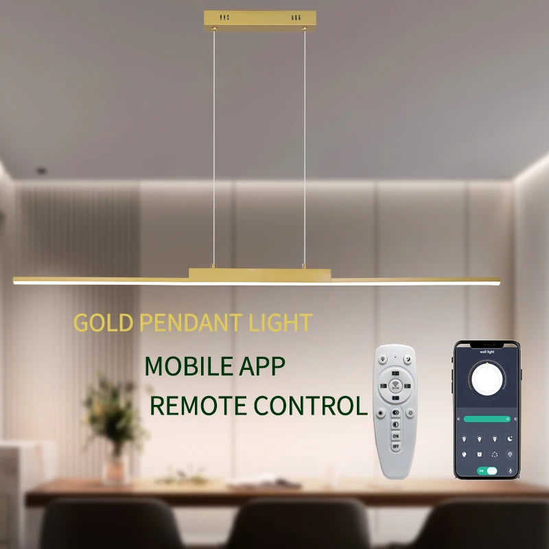 Modern Minimalist LED Pendant Light for Dining Room Adjustable Linear Chandelier in Gold Dimmable Hanging Lamp Fixture for Home