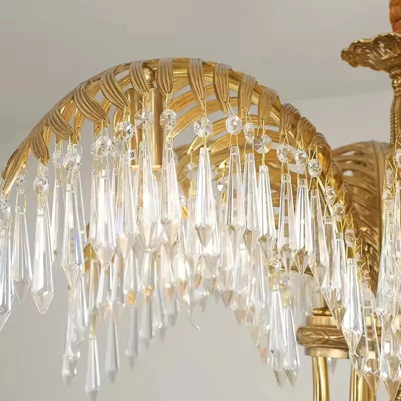 Hand Carving Gold Brass Hanging Pendant Lights Villa Living Room Luxury Crystal Palm Chandelier
