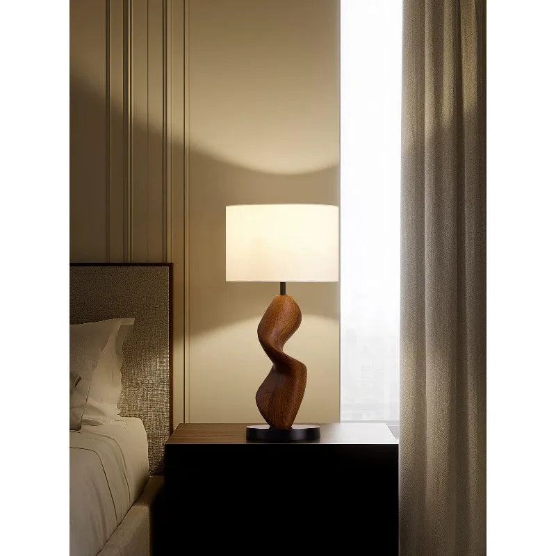 Modern Abstract Twisted Sculpture Table Lamp Resin Wood Grain Base Fabric Shade Bedside Ambient Light Home Decorative Desk Lamp