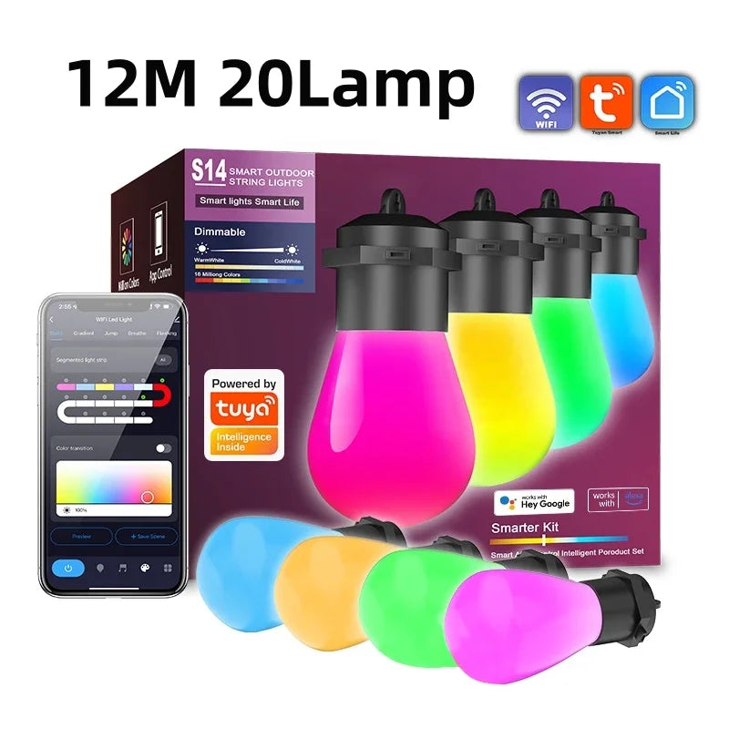 12Meters 20Leds Tuya WiFi Smart Led Patio String Light Bulb Waterproof Outdoor Garland Garden Light for Home Party Holiday Bulb