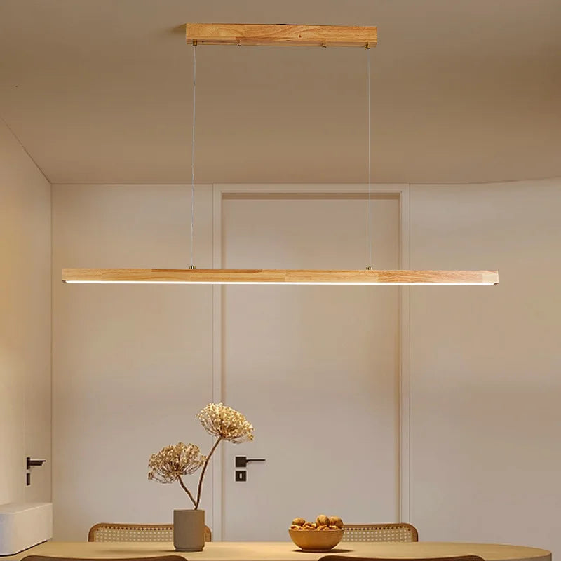 Wooden Living Restaurant Pendant Lamp Minimalist Walnut Wood Chinese Style Tea Room Bedroom LED Chandelier Straight Strip Light