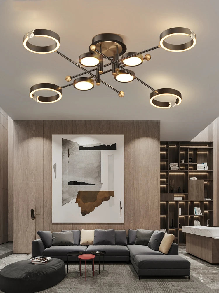 Modern Luxury Chandelier Lighting For Living Room Bedroom Plated Gold Aluminum Remote Control Pendant Lights Crystals Decoration