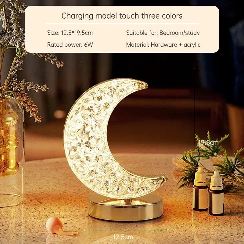 3D Moon Crystal Table Lamp - Touch Dimming USB Rechargeable Night Light for Bedroom, Girls Room Aesthetic Decor