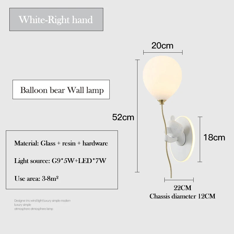 Pink Balloon Bear Wall Lamps Cute Children's Room Lamp Modern Warm Princess Room Nursery Girl Boy Bedroom Bedside Wall Lights