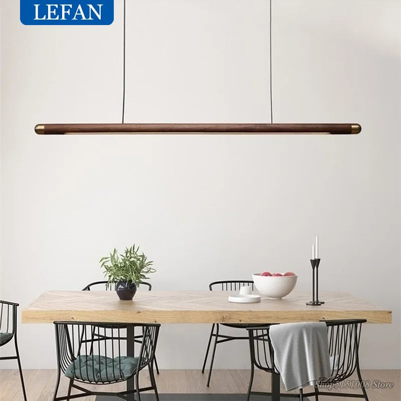 Walnut Wood Dining Chandelier - Simple Strip Hanging Lamp for Kitchen, Home Decor & Indoor Lighting