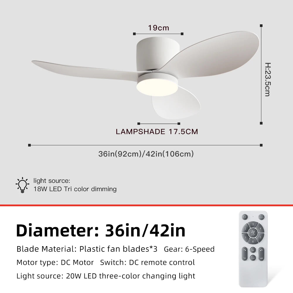 36/42 Inch Modern Ceiling Fan w/Light, 6-Speed DC Motor, Remote, Ultra Quiet, 3-Color Dimmable 18W for Bedroom/Living Room