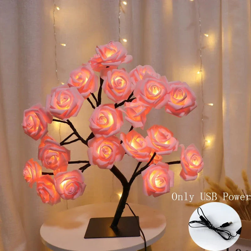 Novelty 24 LED Rose Flower Tree Lights USB Table Lamp Fairy Night Lamp Home Party Christmas Wedding Bedroom Decoration Gift