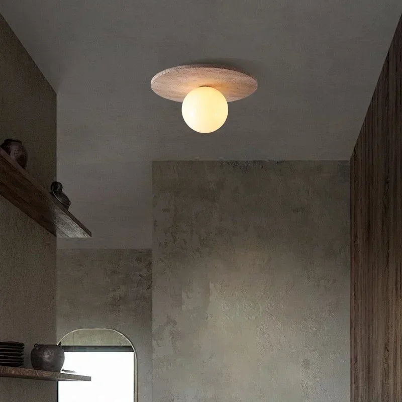 High Quality Natural Stone Ceiling Light Travertine Downlight with Glass Ball Wabi Sabi Milk Oil Wind Home LED Ceiling Ligh