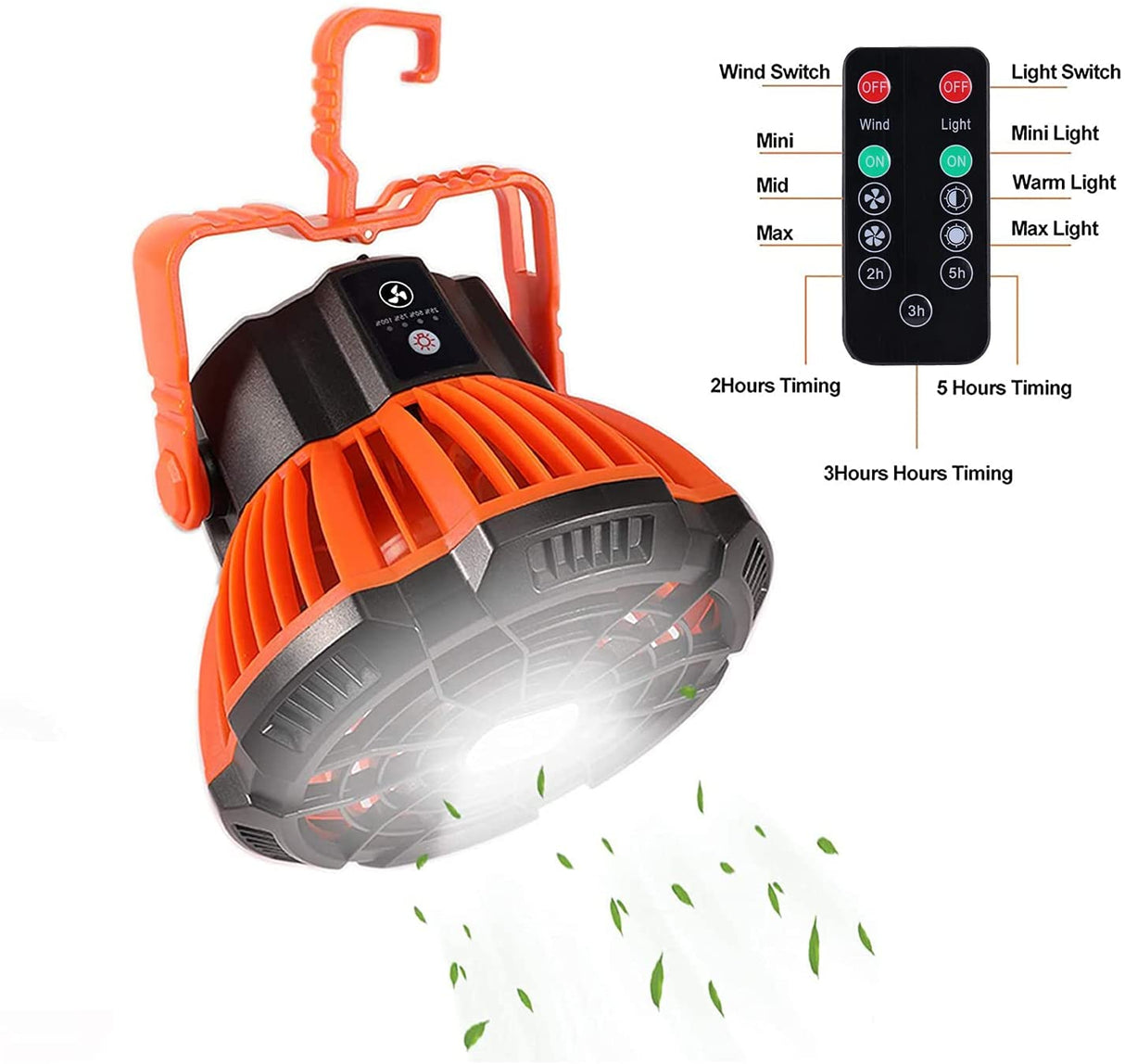 D2 Portable Camping Fishing Fan 2 in 1 LED Lamp Flashlight 3-Speed Outdoor USB Rechargeable Tent Fan Hanging Hook Torch Lantern
