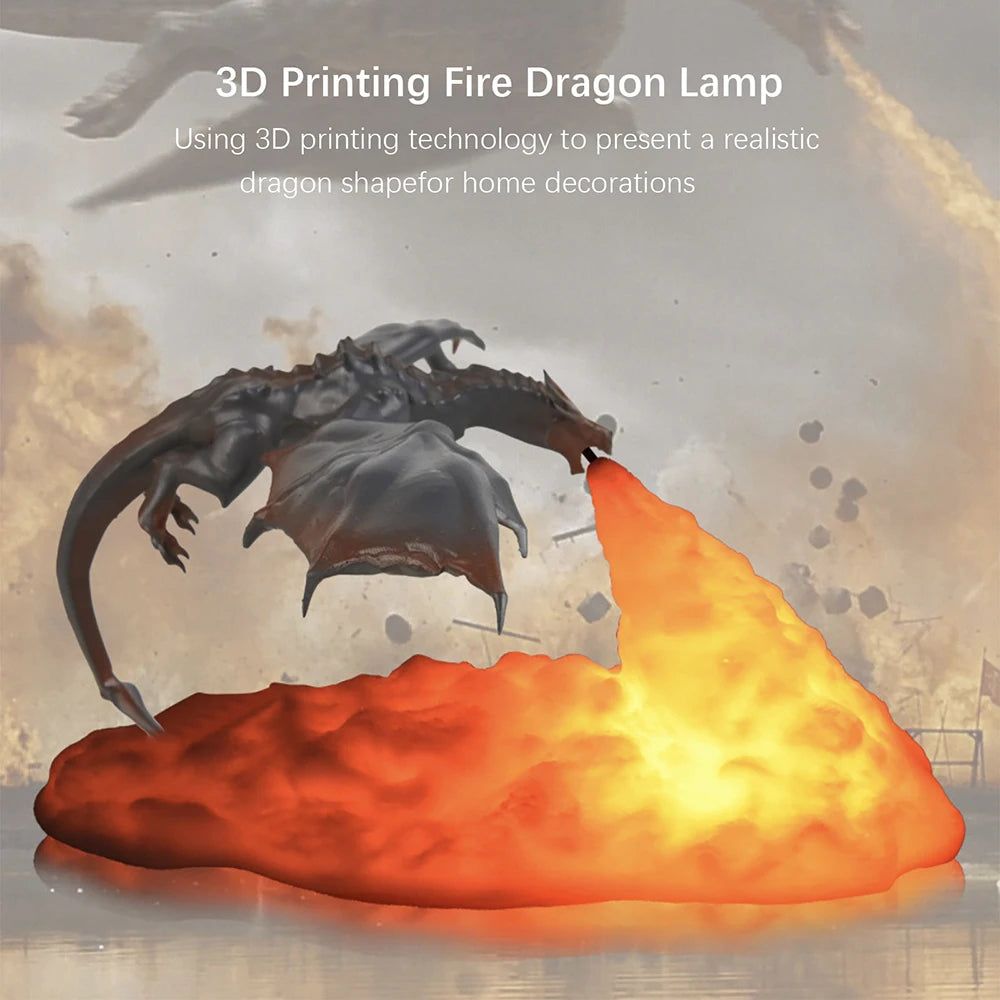 3D Printed LED Fire Dragon Night Light (USB Rechargeable) - Mythical Desktop Flame Lamp for Gaming Desk, Kids Room & Camping