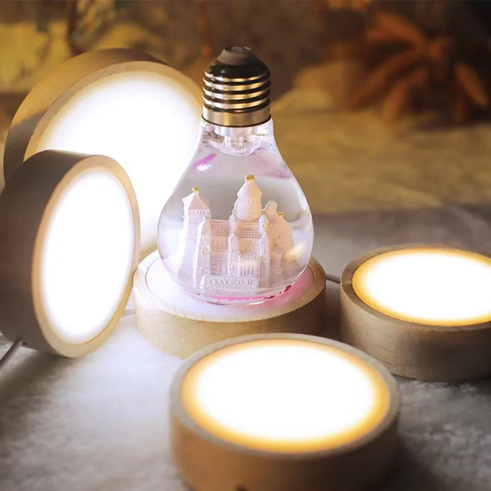 USB Plug Wooden Led Lamp Holder Round Display Stand Lamp Holder Crystal Art Ornament Luminous Base Ambient Lamp Night Light