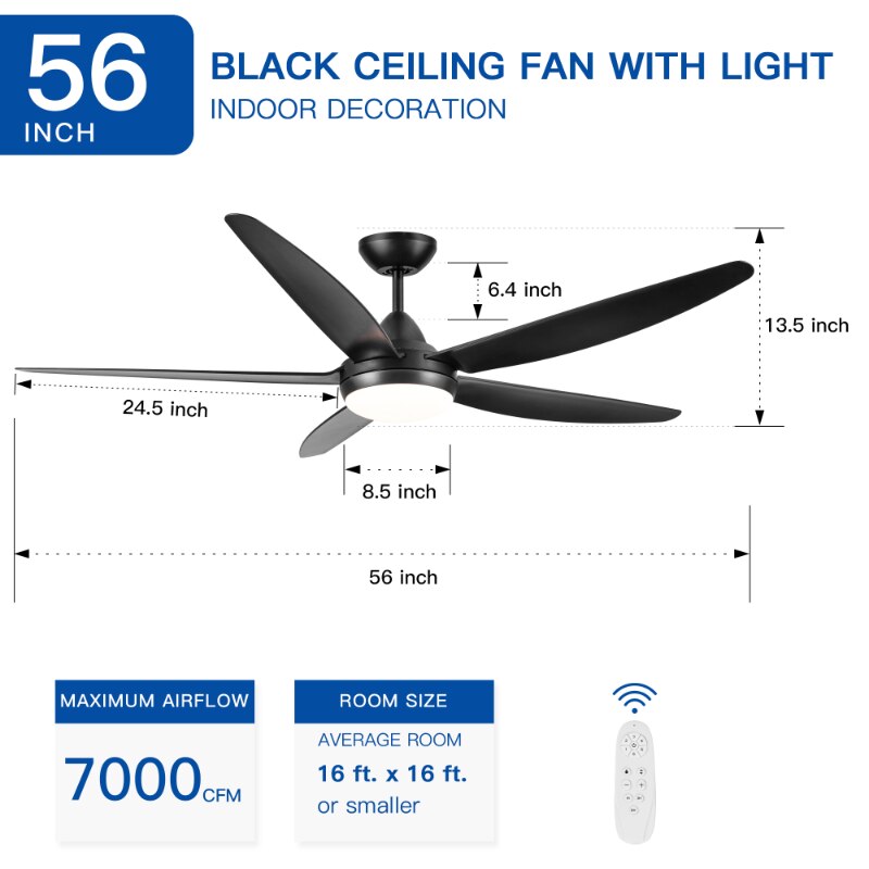 56 In Intergrated LED Ceiling Fan Lighting with Black ABS Blade White ABS
