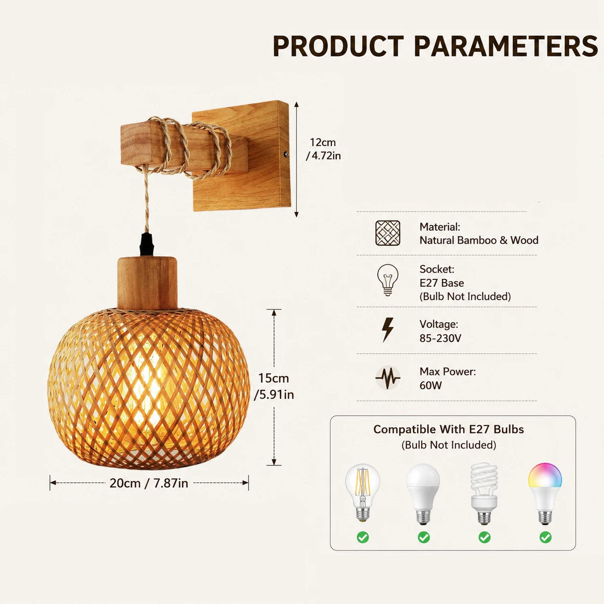 Bamboo Wall Lamp Sconce (1-Pack / 2-Pack) - Japanese Style Hand-Woven Wicker Light Fixture for Restaurant, Dining & Living Room