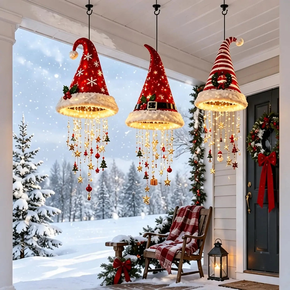 Christmas Santa Hat Hanging Light LED Lamp with Christmas Pendants Winter New Year Party Home Wall Ceiling Decor Ornament
