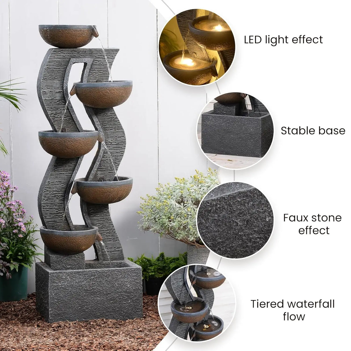 52.8" 6-Tier Outdoor Water Fountain with LED Lights, Large Cascading Resin Waterfall for Garden Patio Yard Deck, Custom