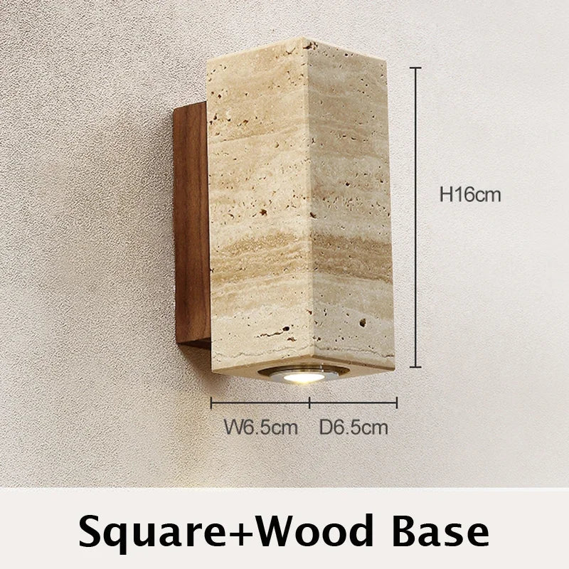 Wabi-Sabi Yellow Travertine Marble LED Wall Sconce - Japanese Natural Stone Minimalist Wall Lamp for Bedroom Bedside, Living Room & Corridor
