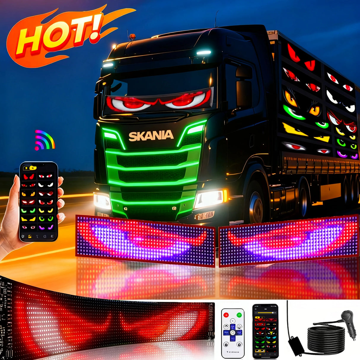 LED Truck Pixel Panel - Custom "Devil Eye" Scrolling Text Windshield Display