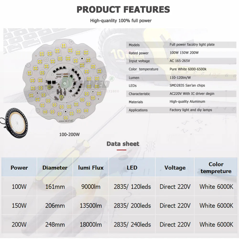 UFO LED High Bay Light (100W/150W/200W) AC220V - Smart IC Driverless Super Bright Overhead Industrial Lamp for Warehouse & Garage