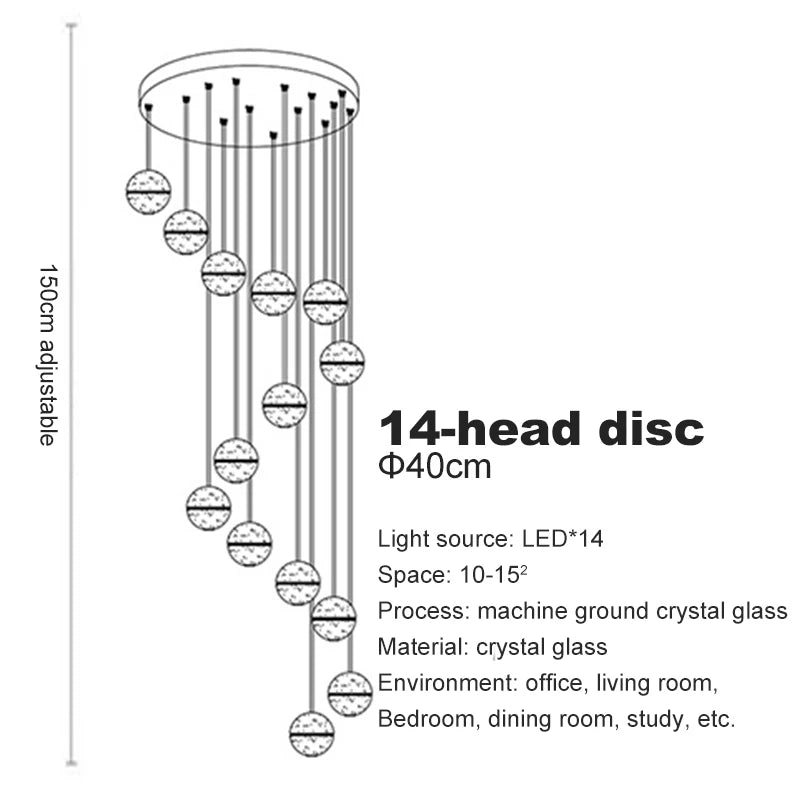 LED Villa Staircase Pendant Lights Long Cable Hanging crystal glass ball droplight for Restaurant Bar Indoor Decorative