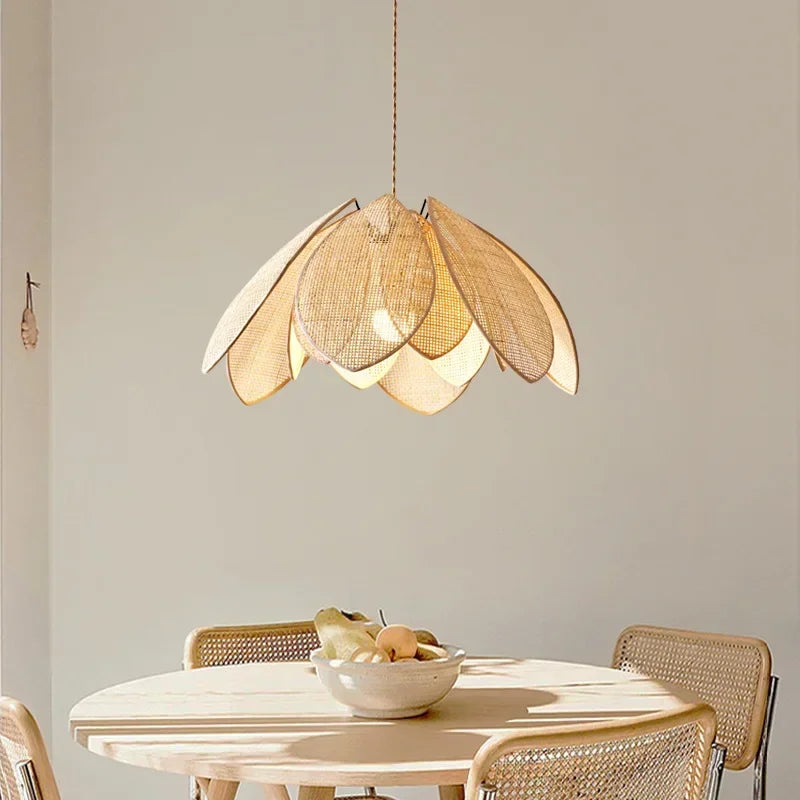 Dining Room Rattan Petal E27 Chandelier Nordic Wabi Sabi Led Pendant Lights Modern Simple Foyer Suspend Lamp Bedroom Lamparas