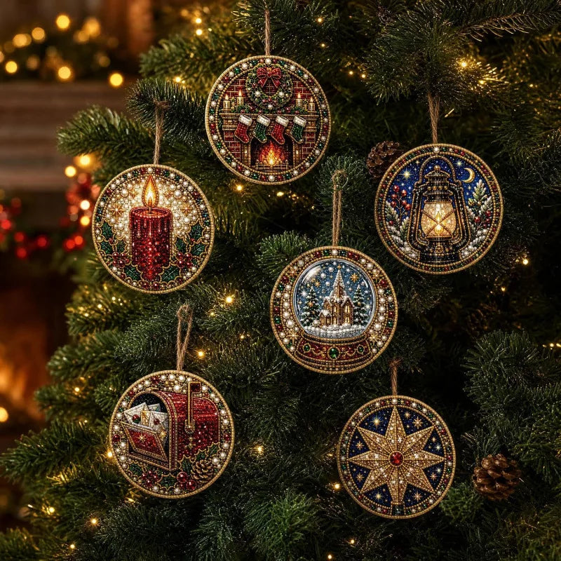 6Pcs Wooden Christmas Decoration DIY Pearl Art Kits for Adults, Xmas Tree Crafts Hanging Ornament Kit with Beads, Gems & Twine