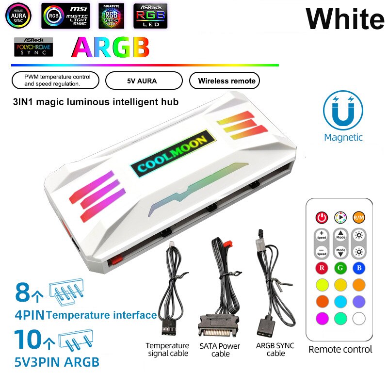 5V/3Pin ARGB 4Pin Fan PWM HUB 1To8 Music Rhythm Temperature Controller Aura Sync Cooling Fan Remote Control Chassis Hub