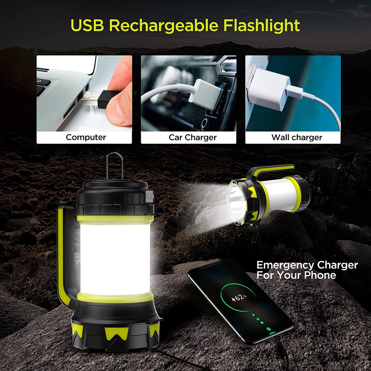 Camping Lantern Flashlight Rechargeable LED Bright Flashlight 3000mAh Power Bank Waterproof Emergency Flashlight Lantern USB