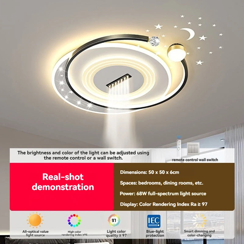 Modern LED Ceiling Light with Adjustable Spotlights - Dimmable Smart Fandelier Chandelier with Remote Control for Living Room