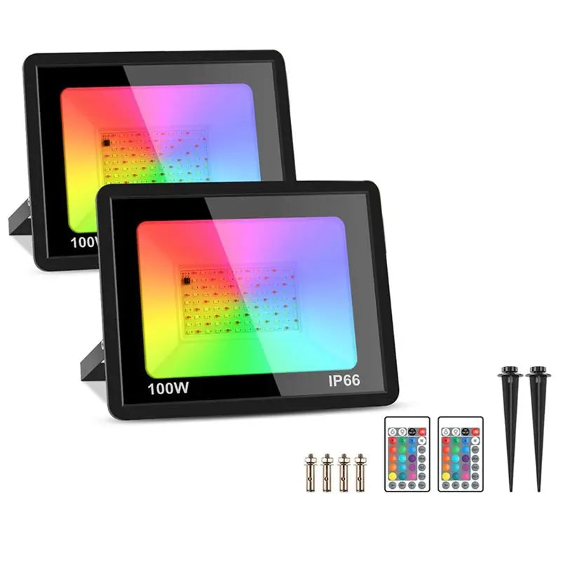 AT29 100W RGB LED Floodlights (2-Pack) - Color-Changing IP66 Waterproof Outdoor Landscape Spotlight with Remote for Halloween & Christmas