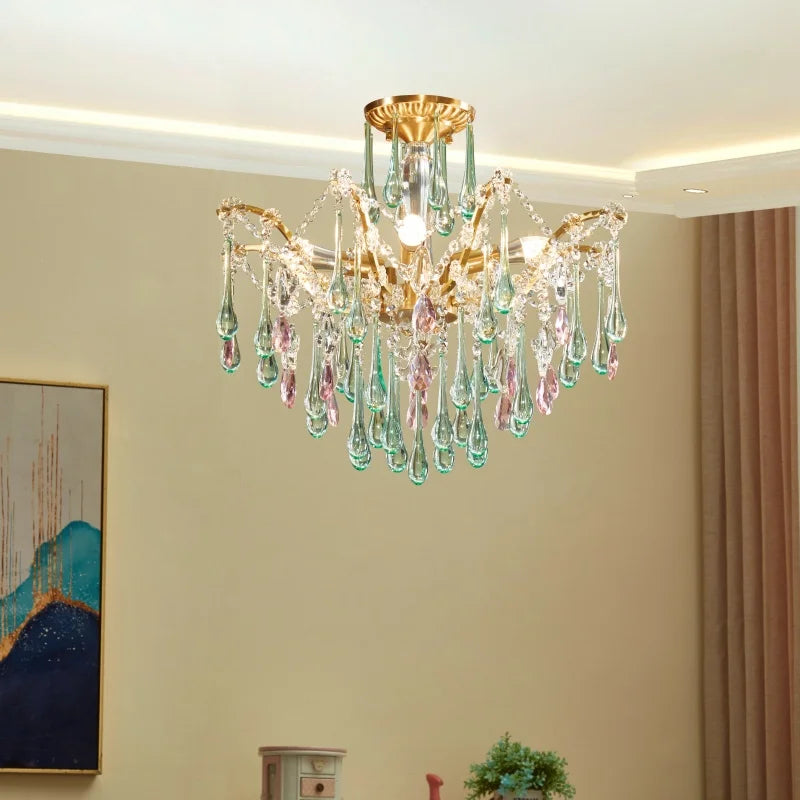 French Style Romantic Pink Green Crystal Pendant Lamp Colored Glass Full Copper/Iron Led Ceiling Light Living Room Bedroom Study