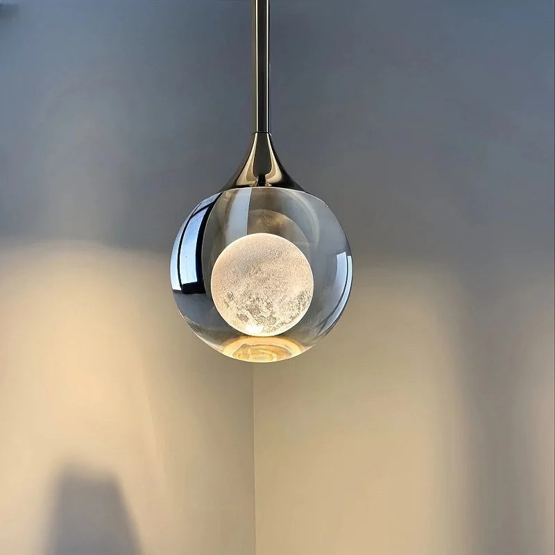Modern Moon Pendant Light - Luxury LED Bedroom Chandelier with Crystal Accents
