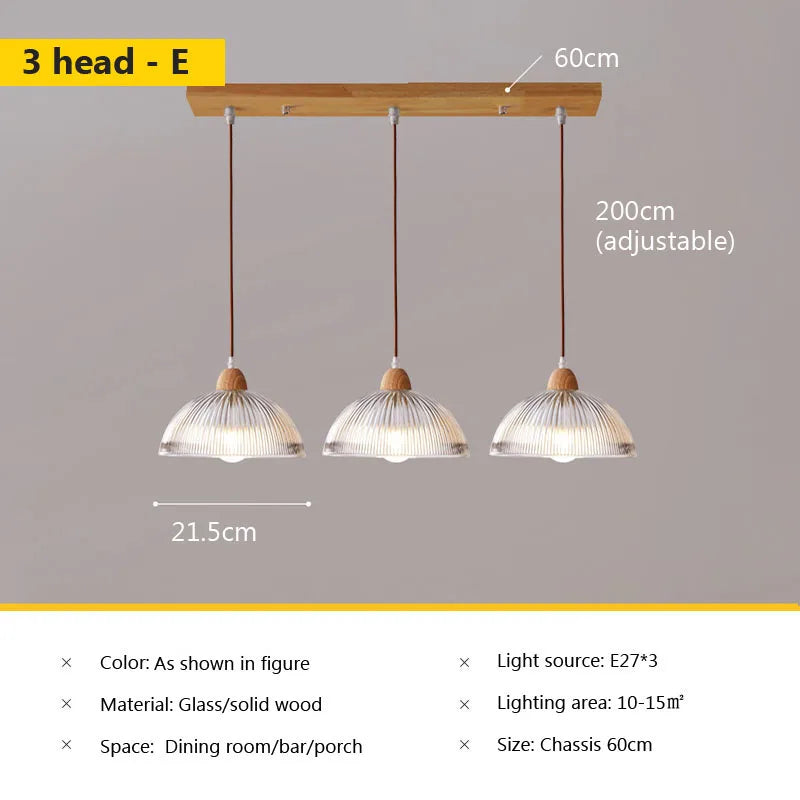Nordic glass pendant lamp Japanese log wind cafe's restaurant three small chandelier bedroom bedside bar dining table lamps