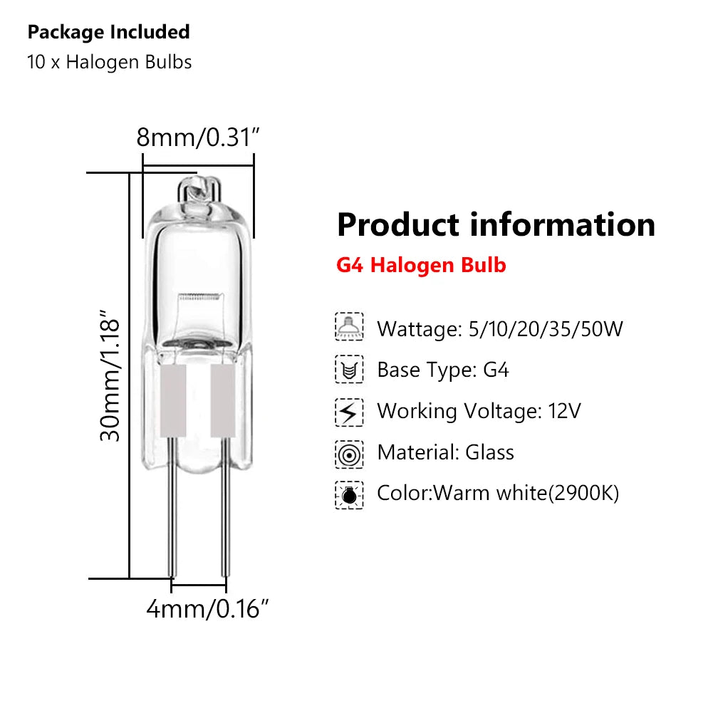 10-Pack G4 Halogen Bulbs - 12V JC Bi-Pin Capsule Lights (5W to 50W)