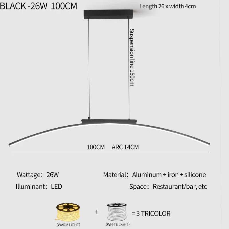 Contemporary LED Arc Pendant Light - Sleek Hanging Lamp for Dining Room