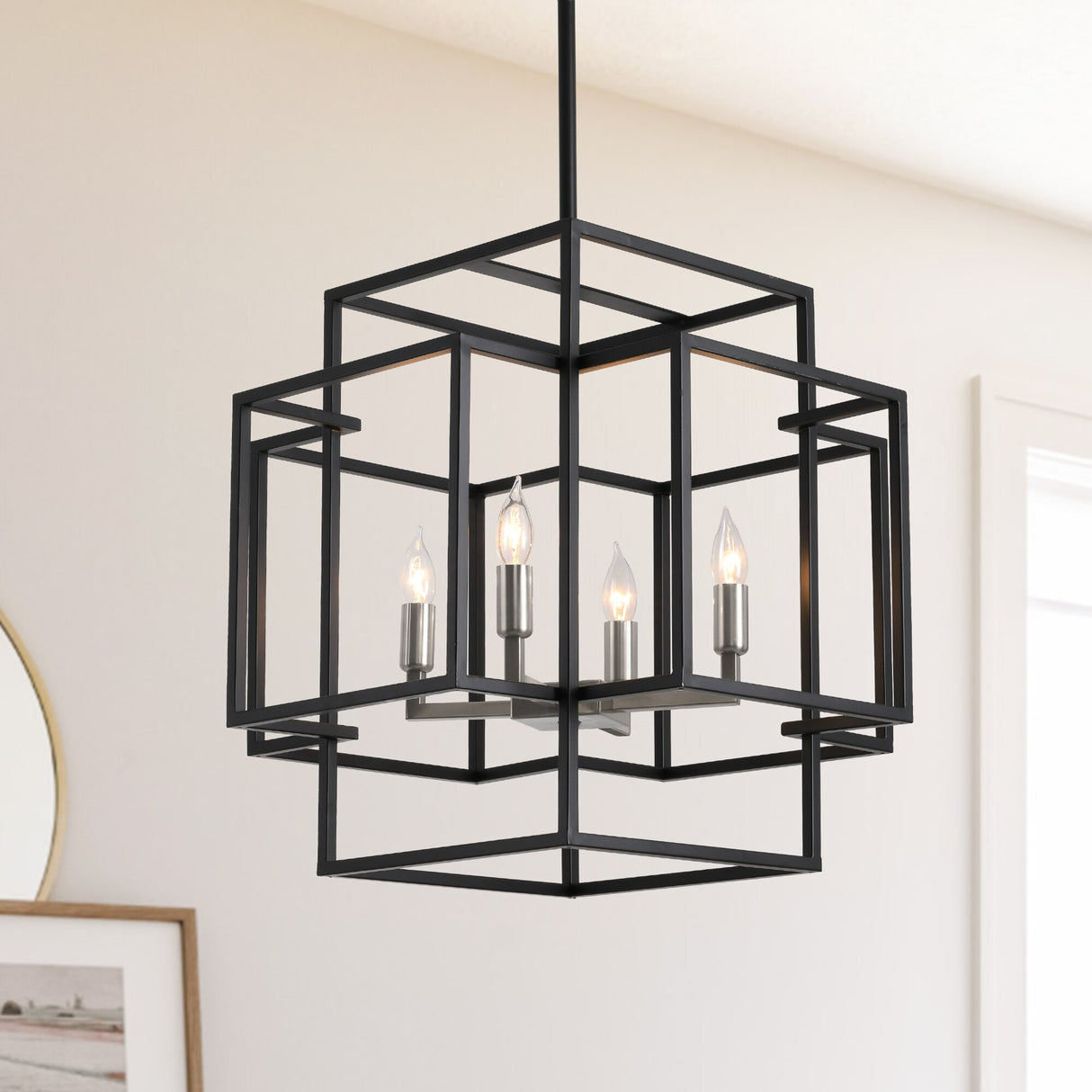 4-Lights Lantern American Style Pendant Lights Fixtures Industrial Farmhouse Hanging Chandelier for Living Room Island Kitchen
