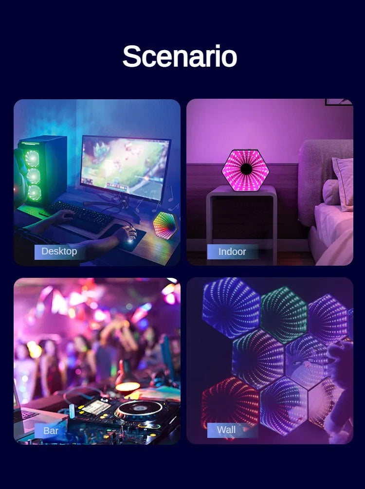 RGB 3D Hexagonal Mirror Tunnel Light LED Desktop Ambient Lamp Compute Game Music Rhythm Sync Pickup Lights Room Decoration