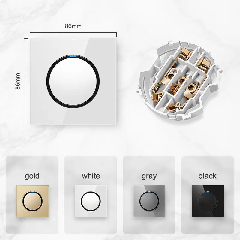 Universal Round Tempered Glass Home Wall Switch Panel LED Indicator Black/Grey/Gold/White 250V 86mm*86mm Wall Light Switch