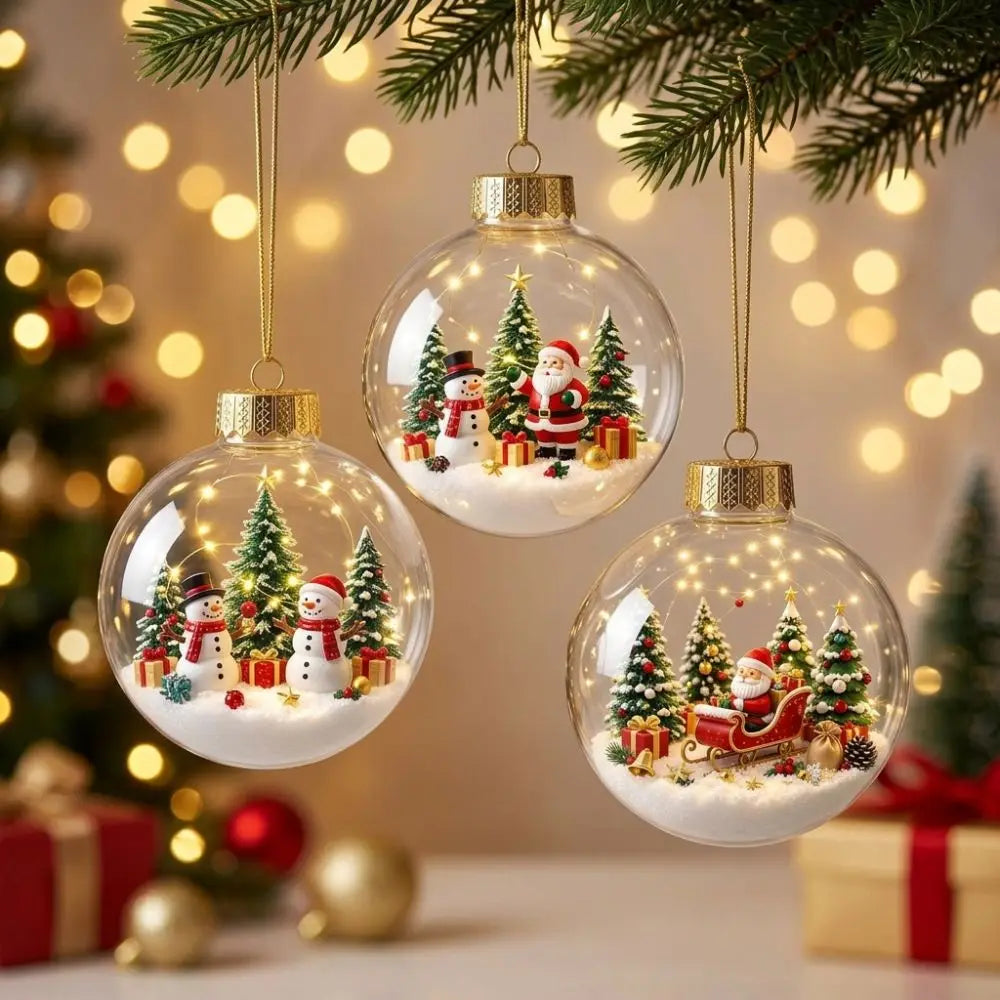 Clear Acrylic Lighted Christmas Ball Ornament Mini Interior Scene Warm LED Light-Up Tree Hanging Bauble Shock-Resistant Cartoon