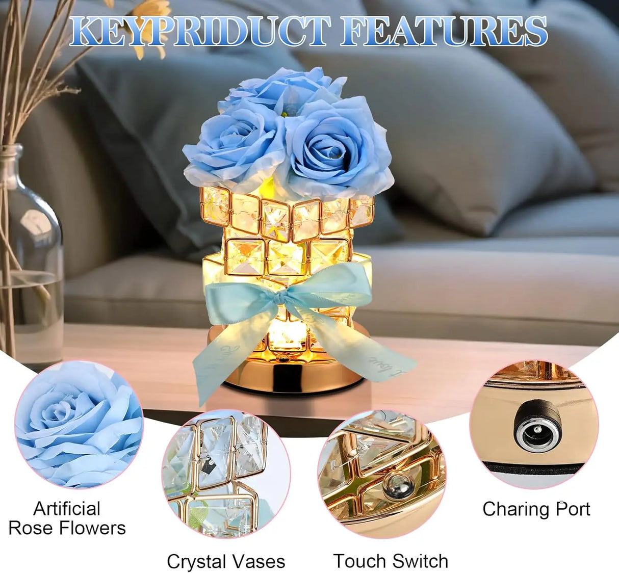 Nightstand Table Lamp Rechargeable Bedroom Bedside Decorative Lamp Crystal Flower Rose For Girl Valentine's Day Birthday Gift