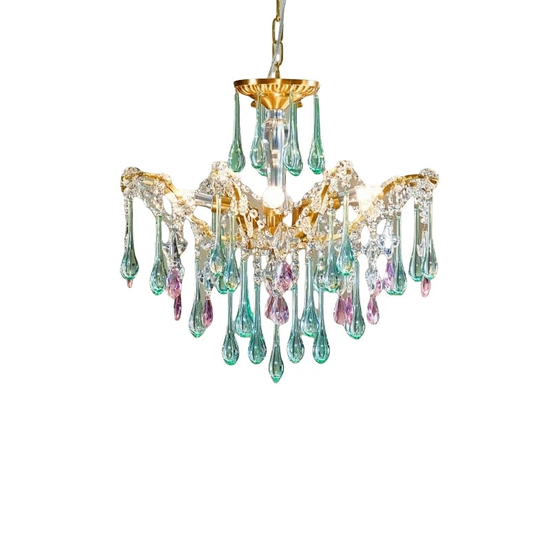 French Style Romantic Pink Green Crystal Pendant Lamp Colored Glass Full Copper/Iron Led Ceiling Light Living Room Bedroom Study