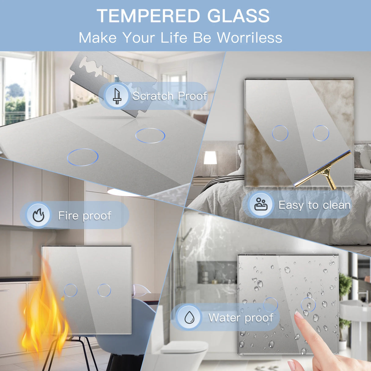 LED Wall Touch Switch 2Gang 1Way LED Dimmer Switch Light Dimmers Glass Panel EU Standard 220v Blue Backlight