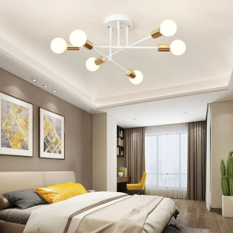 Modern Sputnik Chandelier Nordic Semi Flush Mount Ceiling Lamp Brushed Antique Gold Home Decor Lighting Fixture