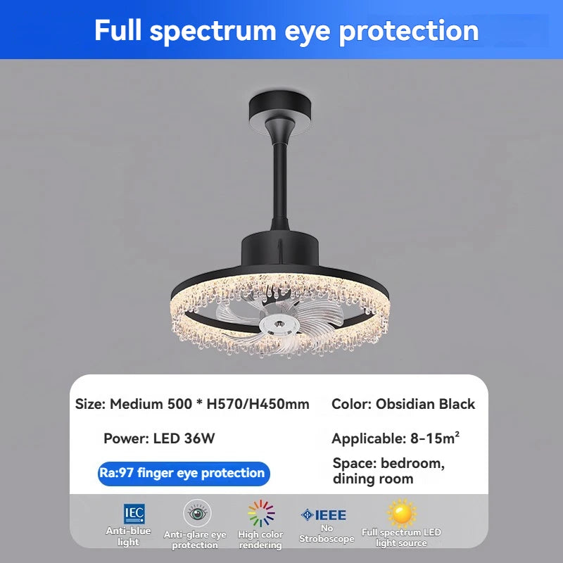 Modern Black Ceiling Fan with LED Light - Round Electric Ceiling Fan Lamp Fixture for Living Room, Bedroom & Dining Room